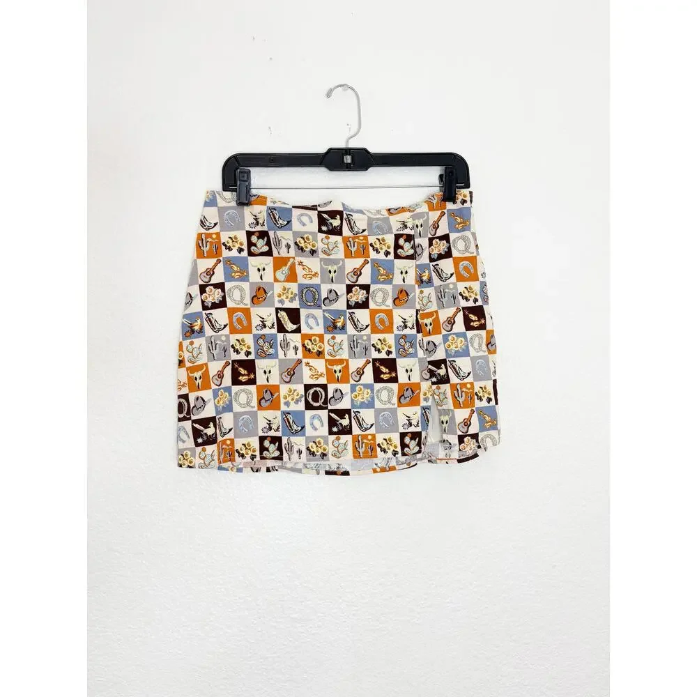 NWT Urban Outfitters Western Cowboy Mini Skirt Large Brown Blue Festival Boho